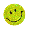 A sparkly yellow smiley face sticker.