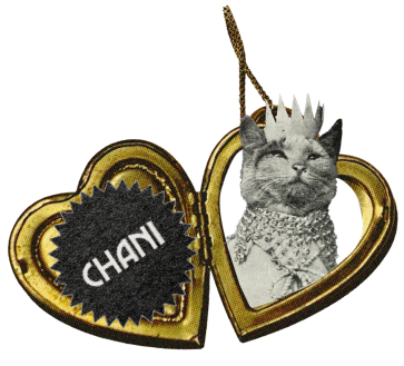 A gold heart-shaped locket, open to reveal the CHANI logo on one side and a cat wearing a crown and royal outfit on the other.