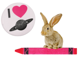 Pin with “I” then a pink heart and the planet saturn on it. A bunny sitting on a pink crayon like a broomstick.