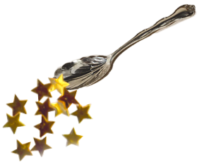 A silver spoon serving a sprinkling of gold stars.